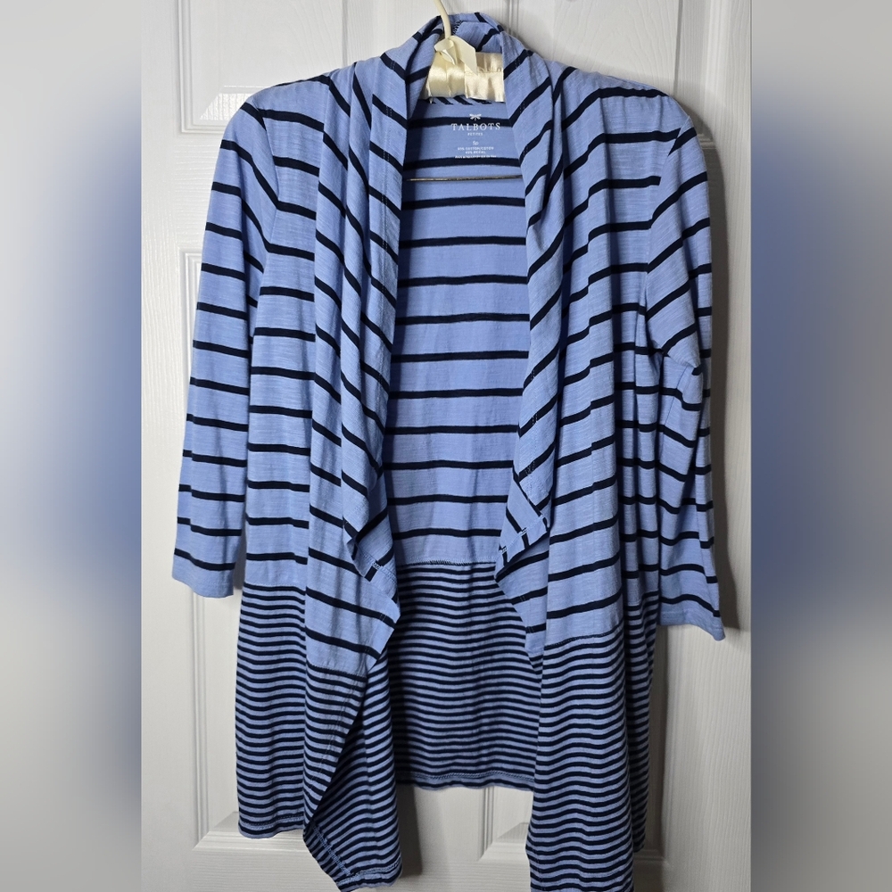Talbots Blue Cardigan with Striped Nautical Soft Girl Coastal Open Front